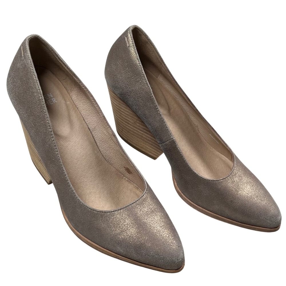 Eileen Fisher Hawk Metallic Wedge Pumps Women 9.5 Platinum Suede Pointed Toe